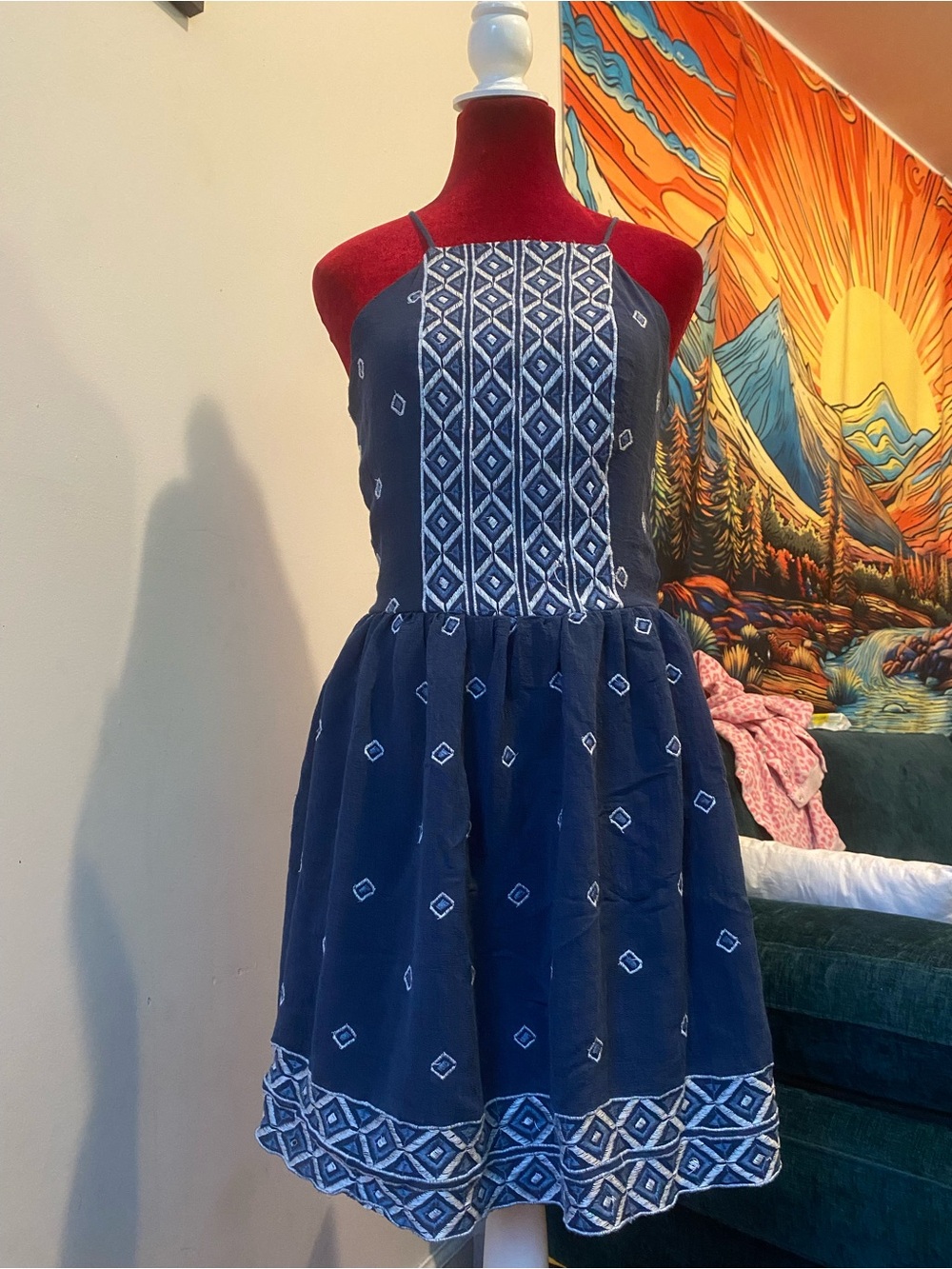 Alya Navy Halter Embroidered Mini Dress